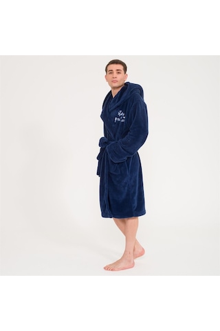 Erkek Uzun Welsoft Kapüşonlu Sabahlık-Lacivert