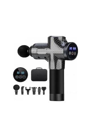 Profesyonel 6 Başlıklı Şarjlı Sporcu Masaj Tabancası 30 Hız Kademeli + Çantalı Gri