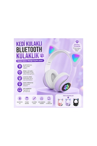 Stn-28 Kulaküstü Kablosuz Kedi Tasarımlı Kulaklık Bluetooth Fm Radyolu Hafıza Kartı Girişli Sevimli Kulaklık