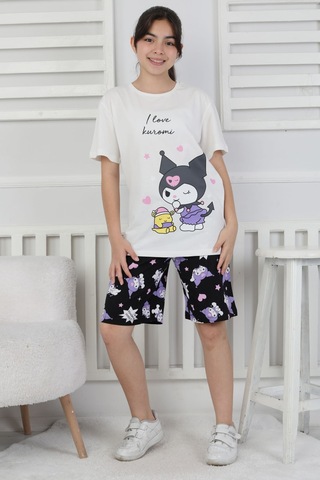 I Love Kuromi Baskılı Kısa Kollu Şort Pijama Takımı Mor