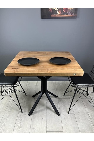 Roma Ceviz Mutfak Yemek Masası Balkon Masası Kavisli Köşe Metal Siyah Ayak 80 Cm