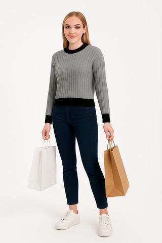 Hira Life Fashion Kadın Bisiklet Yaka Fitili Ve Şerit Detaylı Crop Triko Kısa Kazak Gri Gri