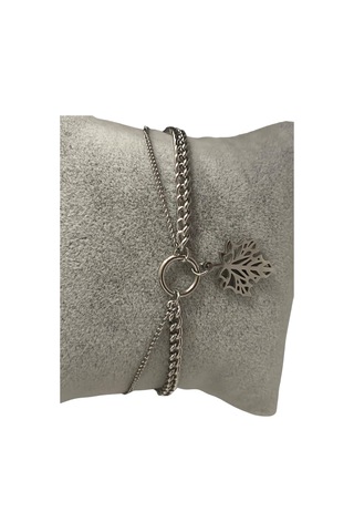 Çelik Çift Zincirli Yaprak Detaylı Gümüş Renkli Kararmaz 17+5 Boy Kadın Bileklik Çelik