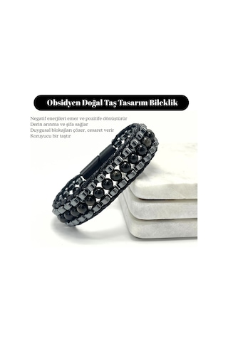 Sertifikalı Obsidyen Taşı Erkek Bileklik Çelik Kilitli, Doğal Taş Tasarım, Şık Ve Özgün Aksesuar Siyah