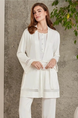 Pierre Cardin 2800 Kadın Ekru Dantelli Penye 3'lü Sabahlıklı Pijama Takım Ekru