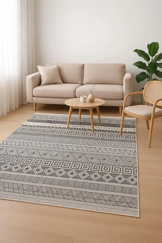 Gri Renk Etnik Desen Modern Halı Dekoratif Kilim
