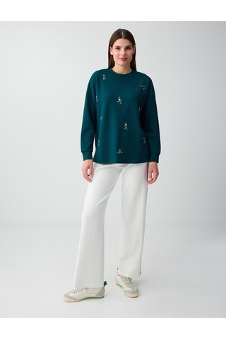 Jimmy Key Jimmy Key Koyu Yeşil Bol Kesim Uzun Kollu Desenli Sweatshirt 6sw237193320