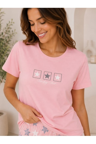 Wordex Mirano 4102 Yıldız Desenli Kısa Kollu Pamuklu Kadın Pijama Takımı Pembe