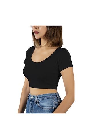 Terapi Men Siyah Havuz Yaka Fitted/vücuda Oturan Kısa Kol Crop Tişört Siyah