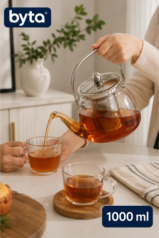 Çelik Saplı Süzgeçli Cam Demlik 1000 Ml Cam Çelik Kapaklı Çay Demliği Diğer