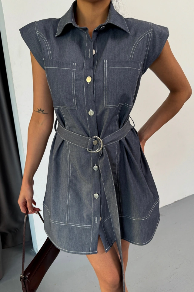 Simala Gömlek Elbise Kolsuz Tencel Kumaş - Mavi Mavi