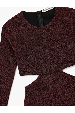 Koton Uzun Kollu Bisiklet Yaka Simli Pencere Detaylı Mini Elbise Bordo 6wal80004ık Bordo