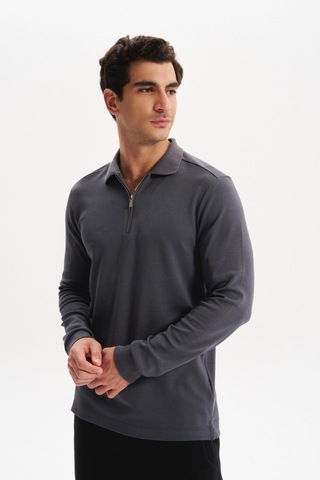 AR-MA Arma Erkek Basic Slim Fit Fermuarlı Polo Yaka Sweatshirt İnce Modal Pamuk Elastan Karışımlı Örme İnterlok Kumaş K30554989002 Gri