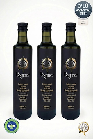 Ergince Organik Erken Hasat Natürel Sızma Zeytinyağı Soğuk Sıkım 0,2 Asit Premium Lezzet 3x500 Ml