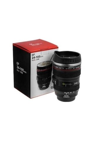 Cam Kapaklı Kamera Lens Objektif Görünümlü Termos Kupa Mug Bardak 15cm 8cm - 24242406376sa Siyah