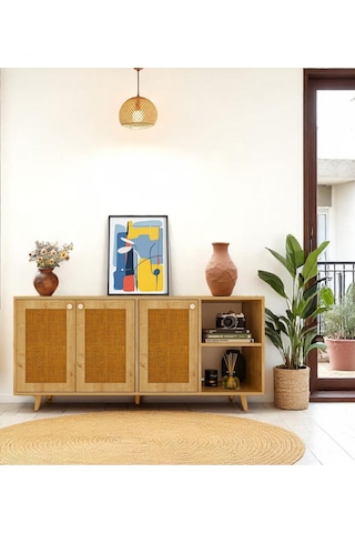 Floradesign Bali Jute Konsol / Konsol / Çok Amaçlı Dolap 160 Cm Mdf Kapaklı Meşe