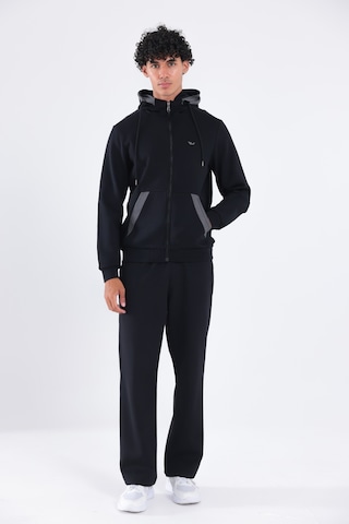Rowinger Modal Kumaş Kapüşonlu Fermuarlı Kontrast Detaylı Erkek Sweatshirt Siyah