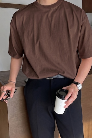 Genius Store Erkek Oversize Tişört Pamuk Kumaş Bisiklet Yaka Rahat Kalıp T-shirt Kahverengi
