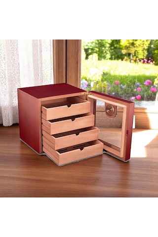 Cigarloong Camlı 4 Çekmeceli Puro Kutusu Humidor Maun 60's