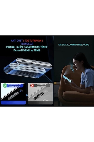 Apple Uyumlu iPhone 13 Pro Max Ekran Koruyucu Toz Filitreli Izgaralı Anti Dust Tam Kaplayan Kırılmaz Cam