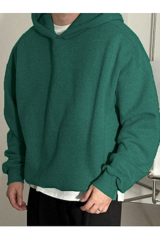 Genius Store Erkek Kapüşonlu Oversıze Sweatshırt 3 İplik Şardonlu Sweatshirt Nefti