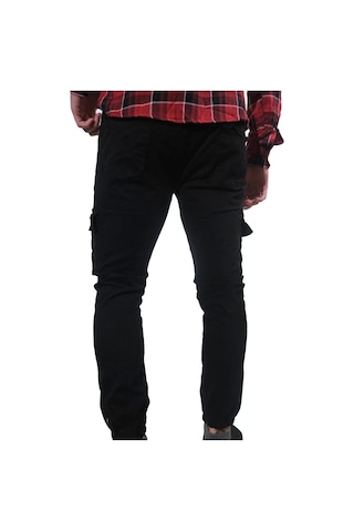 Erkek Jogger Beli Ve Paçası Lastikli Keten Siyah Kargo Pantolon Siyah