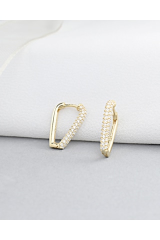 Brezza Lusso Jewelry 18k Serie Oro Zirkon Taşlı Üçgen Oval Gümüş Küpe