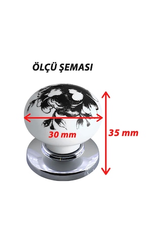 8 Adet Siyah Gül Desenli Beyaz Polimer Düğme Kulp Krom Tablalı Mobilya Mutfak Dolabı Çekmece Kulbu Kulpları