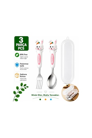 Beyaz Renk Tavşan Figürlü Premium Çocuk Bpa Free Paslanmaz Çelik Uçlu Çatal-kaşık Set 24+ Ay