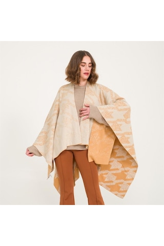Kaz Ayağı Desen Çift Taraflı Triko Kadın Şal Panço-Safran-140X140 Safran