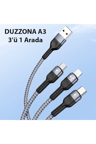 Duzzona A3 3in1 Type-C + Lightning + Micro USB Hızlı Şarj Kablosu