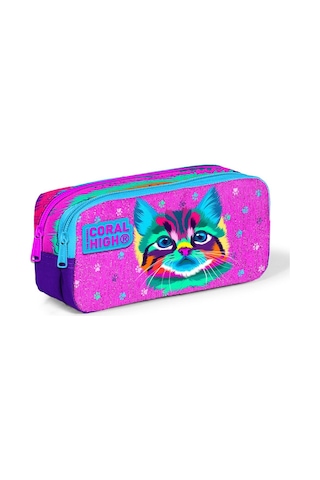 Coral High Kids Mor Pembe Kedi Desenli İki Bölmeli Kalem Çantası 12050