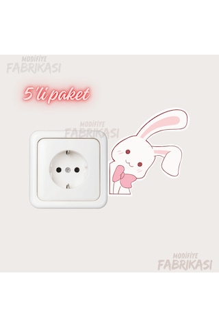 Pembe Papyonlu Tavşan Çocuk Odası Dekoratif Priz Sticker Uv Baskı Pembe