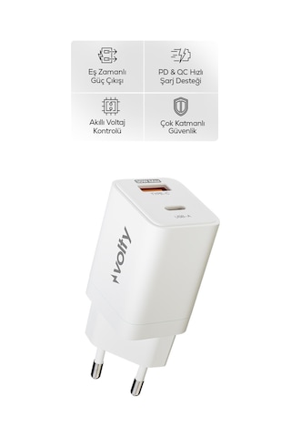 Hızlı Şarj Adaptörü 30w Pd Gan, Usb-c & Usb-a, İphone & Samsung Uyumlu, 55gr Beyaz-v0102008