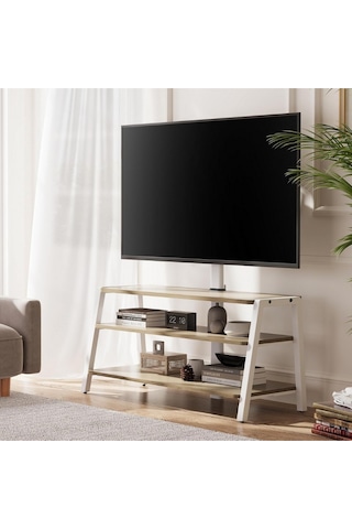Fitueyes Tv Dolabı 37 70", 35 Kg Taşıma, Ayarlanabilir Yükseklik, 3 Ahşap Raf Tv Ünitesi Beyaz