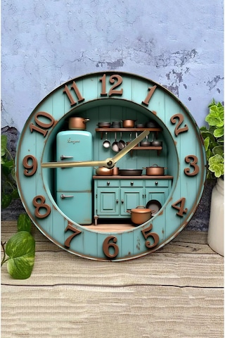 Retro Mutfak Temalı Çift Katmanlı Mdf Duvar Saati 33 Cm 3d Görünümlü 2d Hd Baskı Sdw361 Renkli