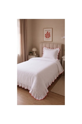 %100 Pamuk Overloklu Fırfırlı Tek Kişilik Nevresim Takımı Lastikli Çarşaflı 160x200 Cm Kırmızı - 904799828 Kırmızı