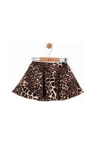 Kız Çocuk Beli Lastikli Tütü Leopar Desenli Kloş Etek-14742 Kahverengi