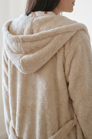 Kapüşonlu Wellsoft Sabahlık & Peluş Bornoz - Yumuşak, Polar Unisex Sabahlık Bej