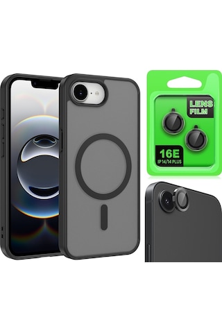 Vendas Apple iPhone Uyumlu  17e Kılıf M-safe Şarj Özellikli Zore Babet Kapak + Kamera Lens Koruyucu Siyah