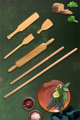 Zümrüt Serisi Ahşap Hamur Açma Oklavası Merdane Börek Seti 6 Lı