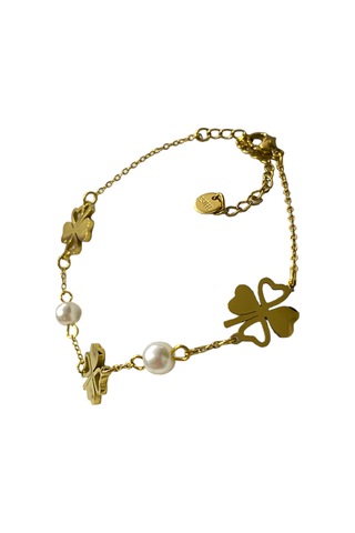 Çelik Yonca İnci Detaylı Altın Renk Kararmaz Bayan Bileklik Çelik