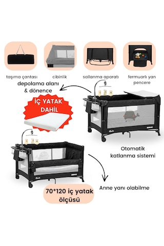 Gulz Beskar Anne Yanı Sallanır Cibinlikli Dönenceli Alt Açmalı Oyun Parkı Bebek Beşik 70 x 120 CM + Yatak Siyah