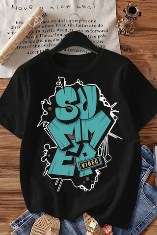 Spoyi Summer Vibe Tasarımlı %100 Pamuk Yarım Oversize Siyah T-mhirt