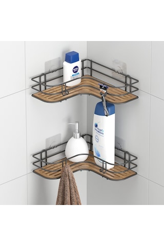 Teknotel Yapışkanlı Kancalı 2 Adet Banyo Köşe Rafı Siyah St278