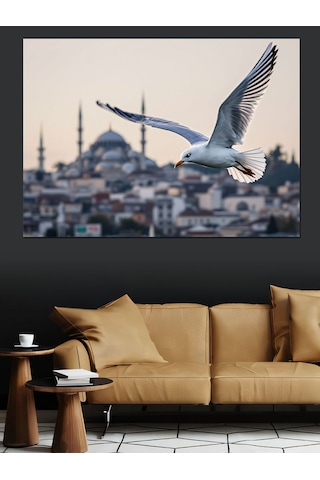 Uçan Martı Ve İstanbul Silueti Dekoratif Kanvas - Mdf Ahşap Tablo