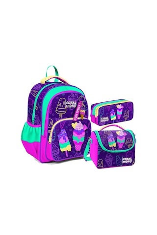 Coral High Kız Çocuk Üç Gözlü İlkokul Çanta Seti - Mor Pembe Dondurma Desenli