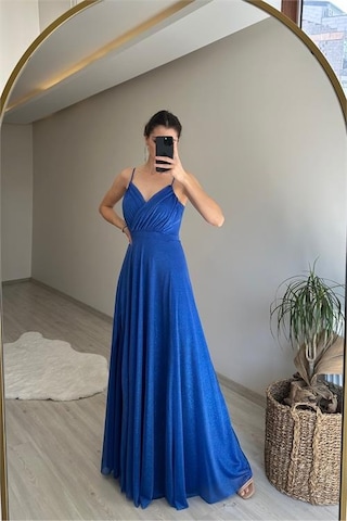 Neşeli Butik Kadın Işıltılı Askılı Yırtmaç Detayı Şifon Abiye Elbise Nm002 Mavi
