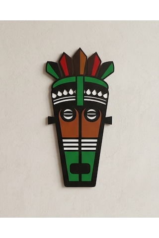 Afrika Tribal Ahşap Duvar Mask Mdf - Siyah Yeşil Kırmızı Klasik Kabile Maskı 1
