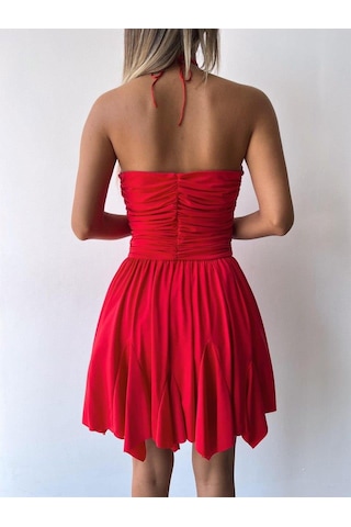 Drape Detaylı Boyundan Bağlamalı Etek Ucu Asimetrik Kesim Mini Elbise-523 Kırmızı